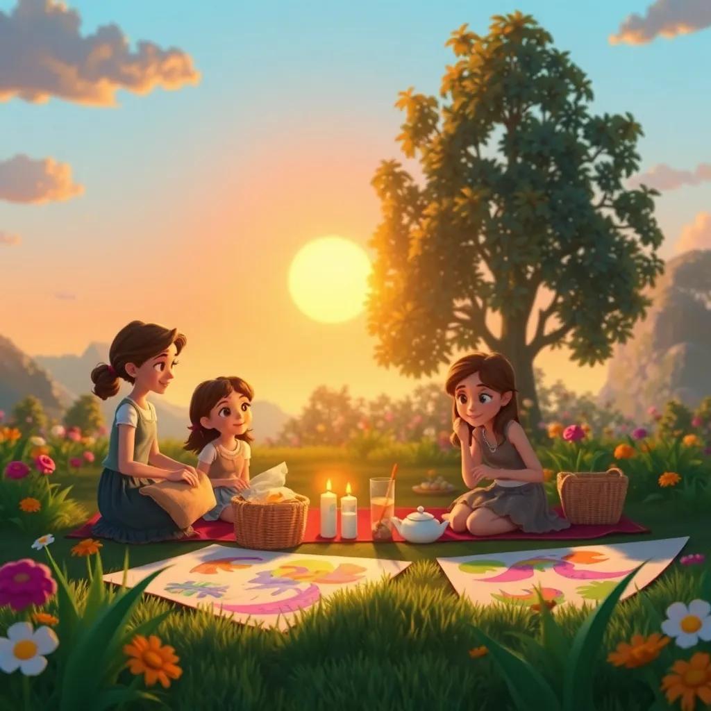 The sunset casting a warm glow over Fina and her friends packing up their picnic, the garden blooming with life, and their painted artwork spread out around them, lovely warm colors, heartwarming scene, high quality