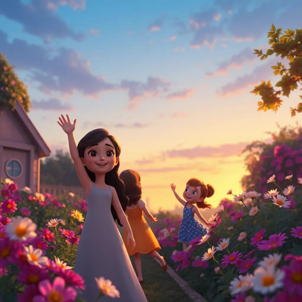 Fina waving goodbye to her friends as they promise to meet again, the garden filled with flowers and the sky transitioning to evening, hopeful mood, nostalgic, beautiful colors, high quality