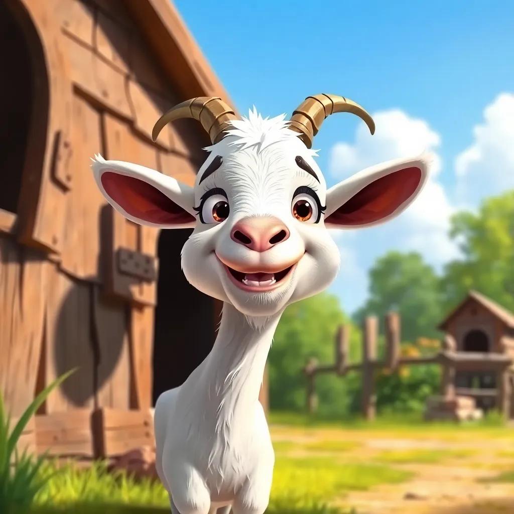 A playful goat with white and brown fur, peeking from a cozy house, looking eager to join, sunny day, cheerful expression, inviting scenery, detailed illustration