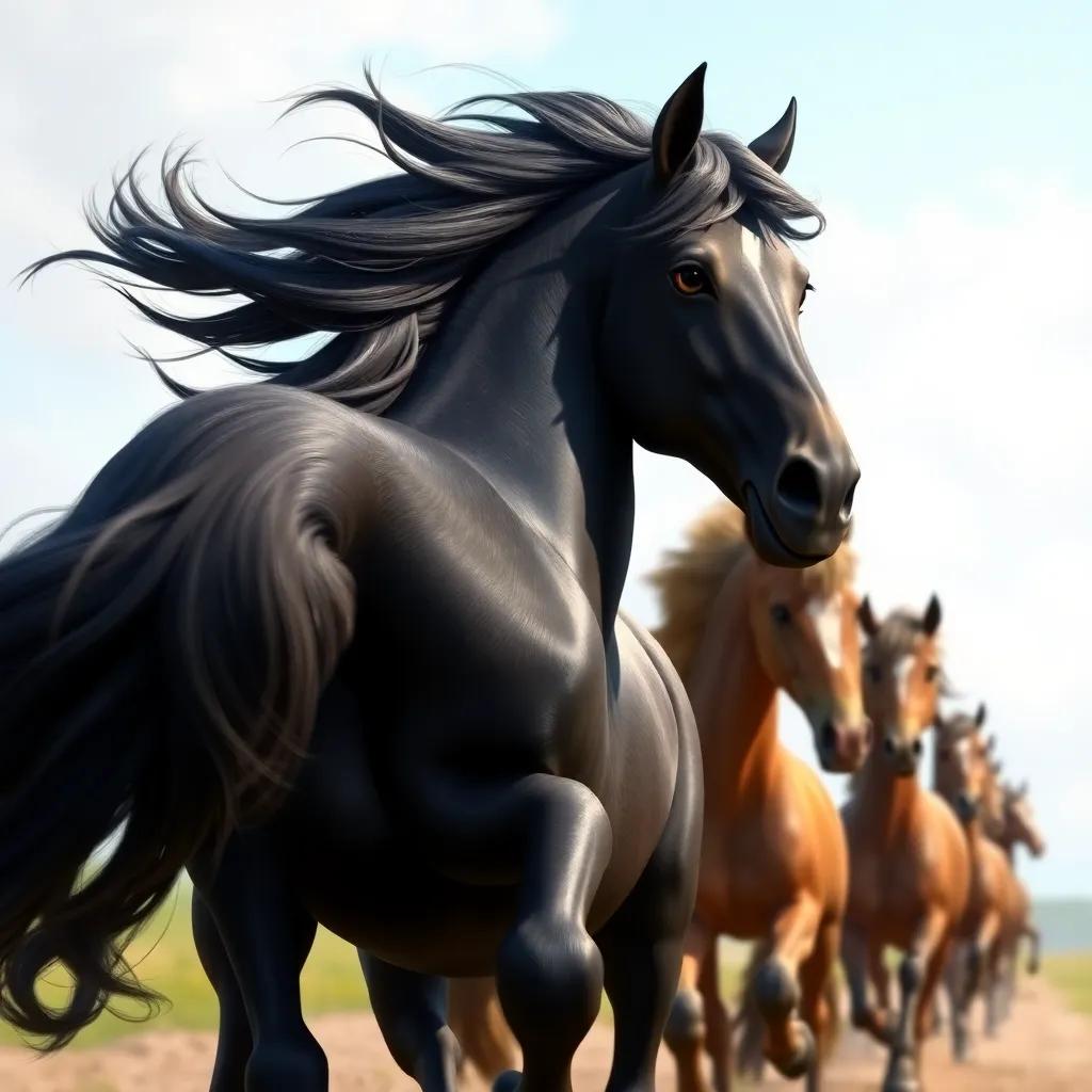 A majestic horse with a shiny black coat and flowing mane, trotting towards Fina and her friends, lively scene, flowing mane, happy mood, high quality