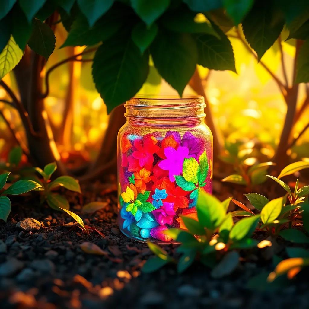 A shiny jar of colorful ink found under a bush, with green leaves surrounding it, glowing under the sunlight, bright colors, enchanting atmosphere, high quality