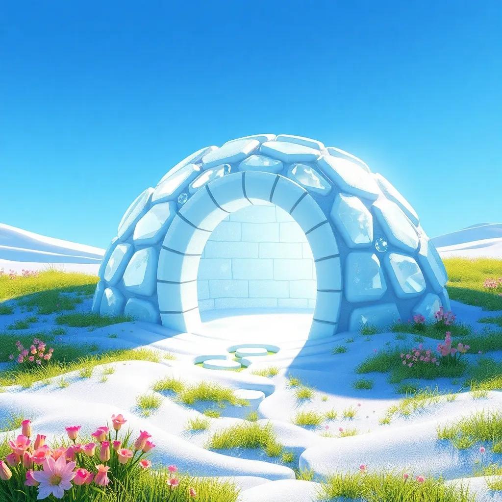 A chilly igloo sparkling in the sun, surrounded by grass and flowers, mysterious and fun, unique structure under a clear blue sky, detailed artwork