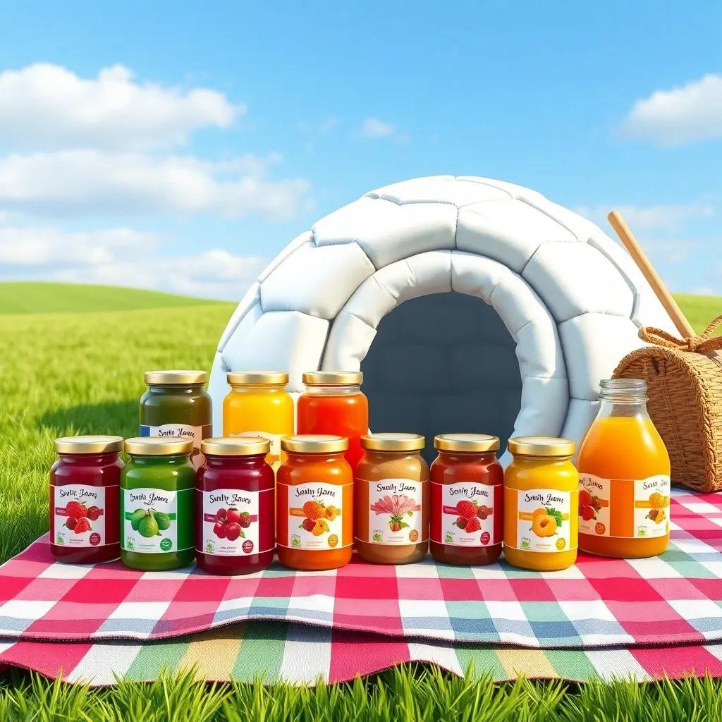 Ten jars of jam and juice arranged neatly next to the igloo, colorful labels and lively colors on a picnic blanket, inviting, cheerful scene, high quality