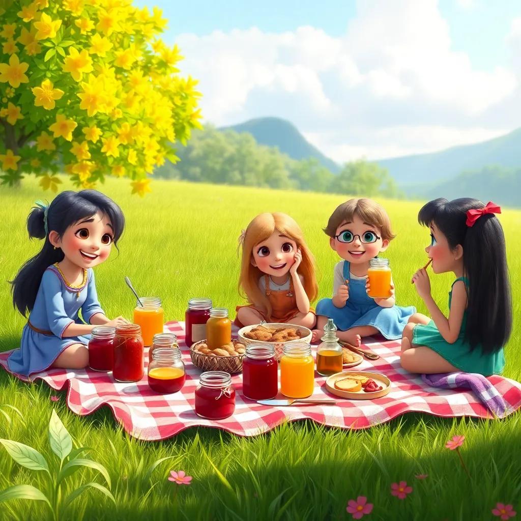 A picnic blanket spread on soft grass, Fina and her friends enjoying their feast, jars of jam and juice on display, joyful atmosphere, happy gathering, detailed and vibrant