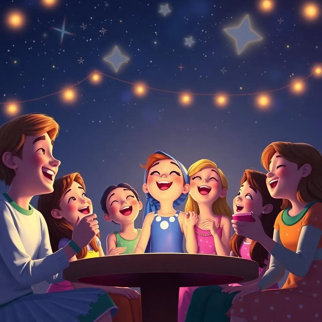 A happy scene of Fina and her friends having fun together, with stars twinkling above as they sing and laugh, enchanting night, warm and inviting vibe, high quality