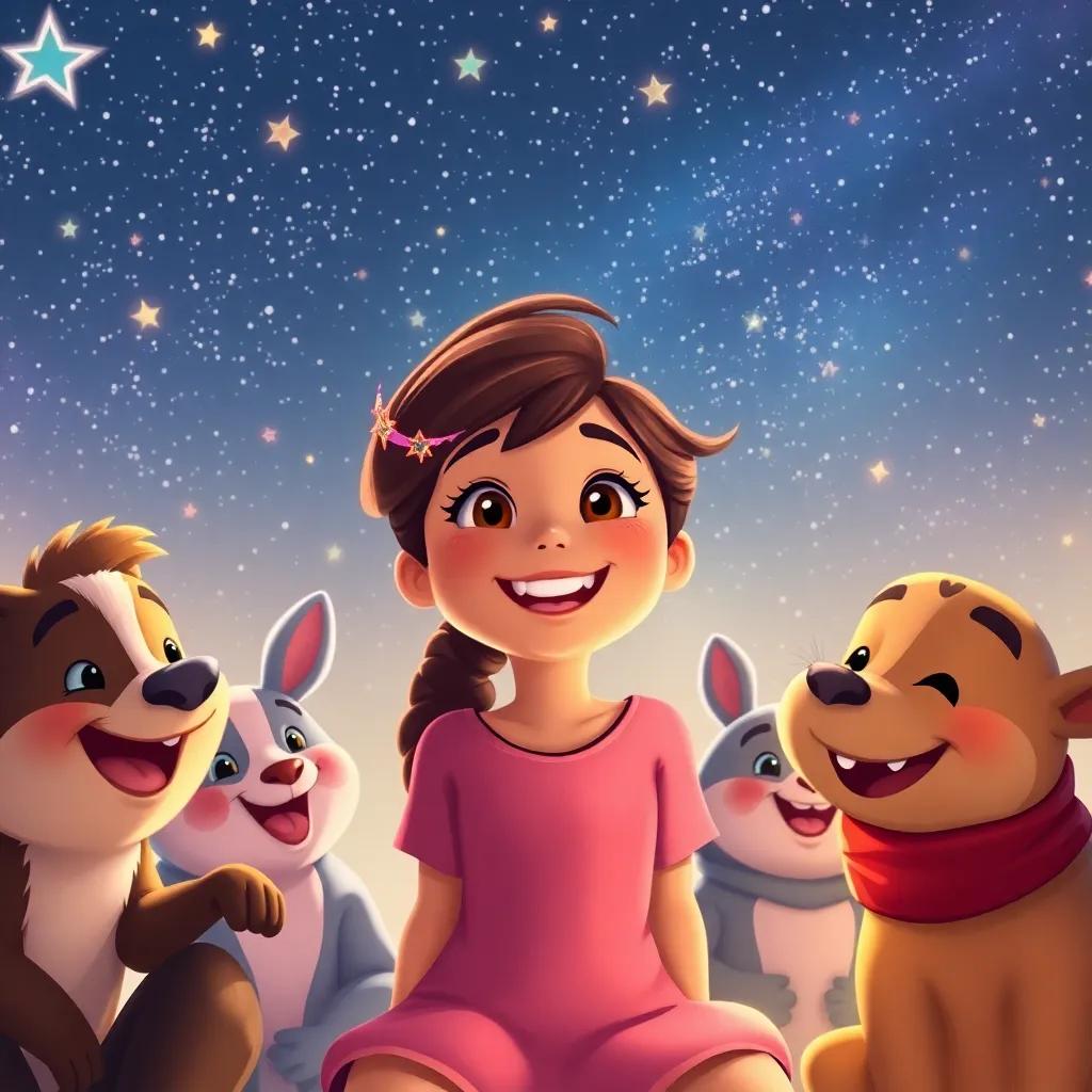 Fina, the cheerful girl, and her friends having a wonderful time together under a sky full of stars, expressing their uniqueness, vibrant atmosphere, detailed scene, heartwarming