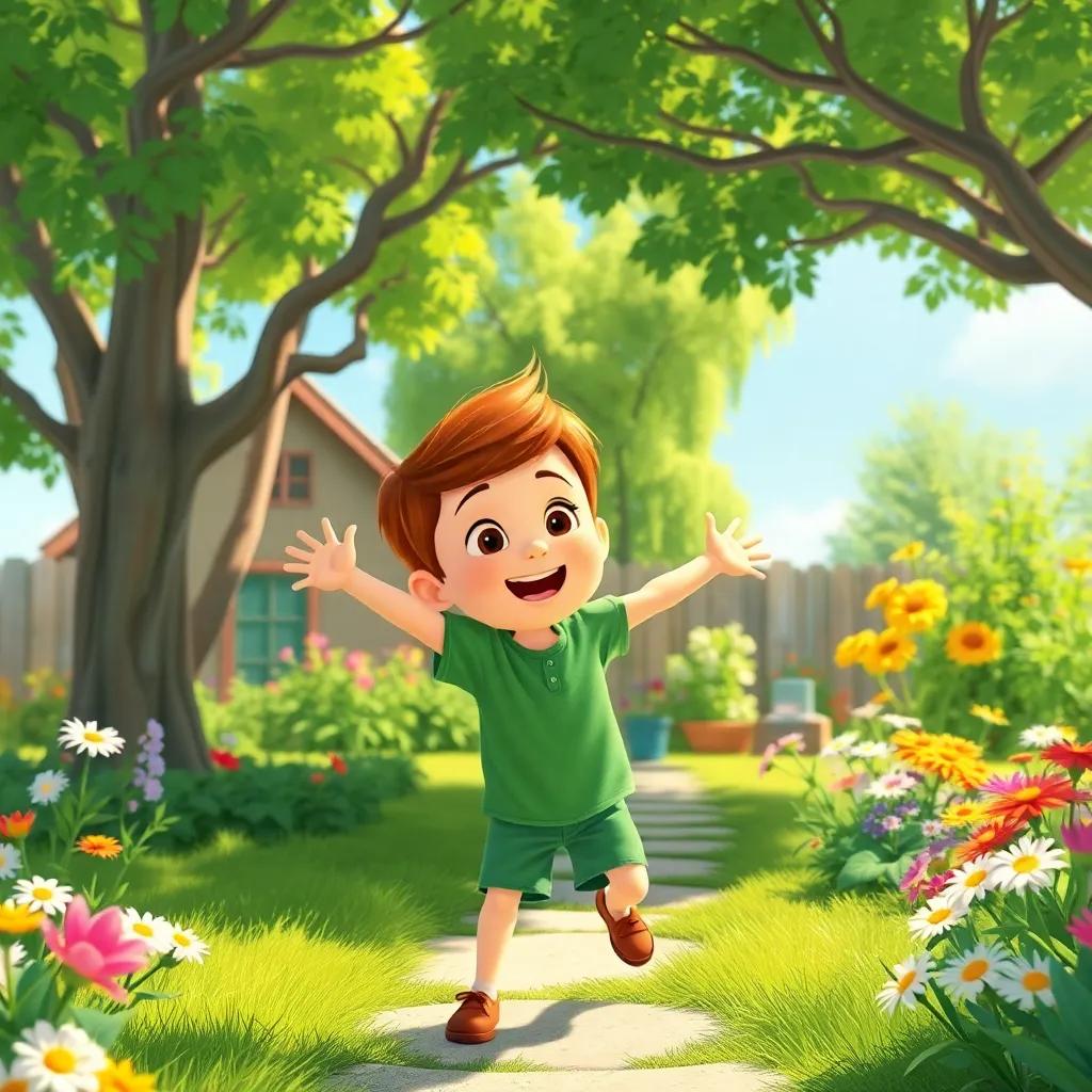 A young boy, Finn, with short brown hair and wearing a green shirt and blue shorts, excitedly exploring a sunny backyard filled with trees and flowers, illustration, vibrant colors, cheerful atmosphere, high quality