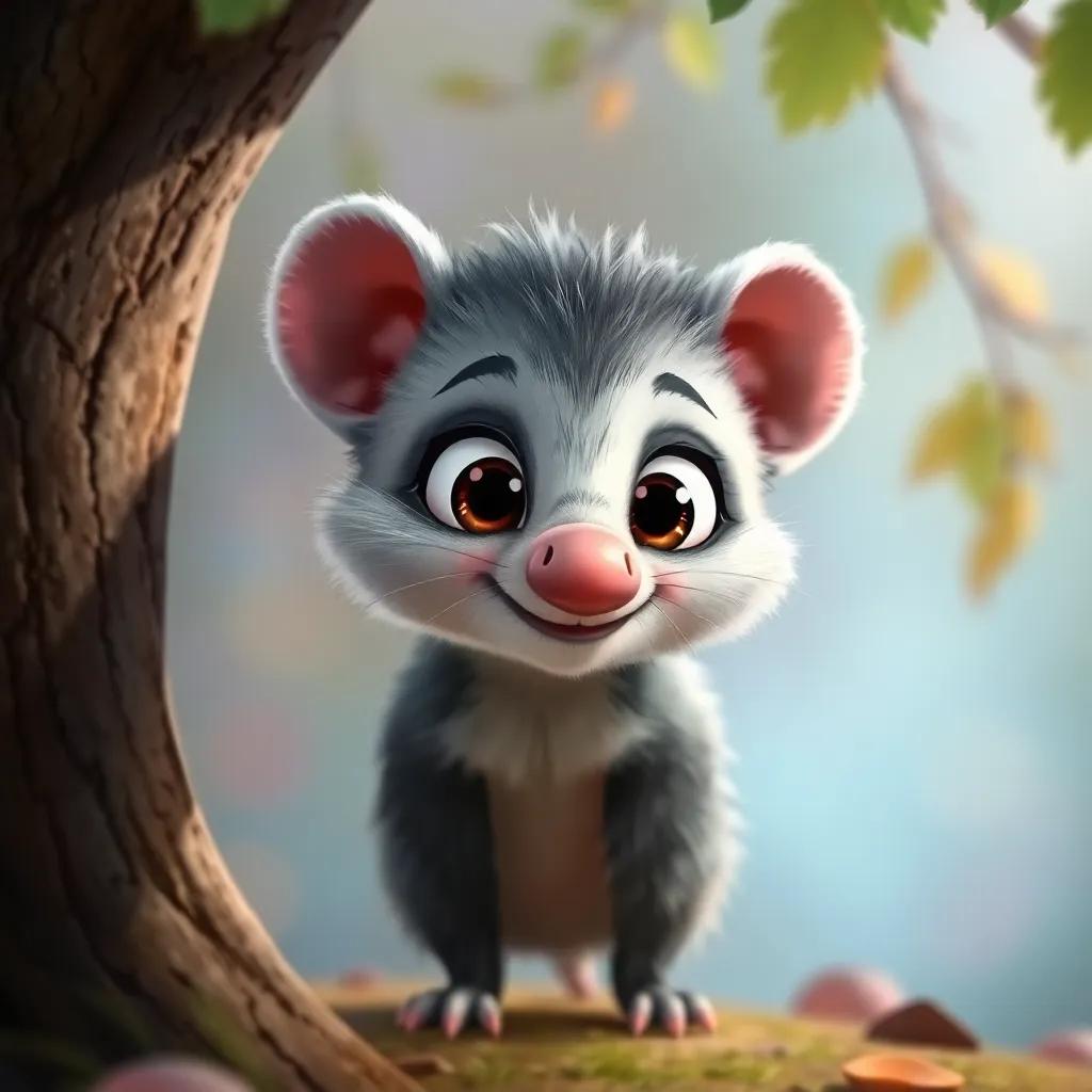 A small opossum named Ollie with gray fur and big bright eyes, wiggling its nose while standing under a tree, looking friendly and curious, digital art, soft light, colorful background, high quality