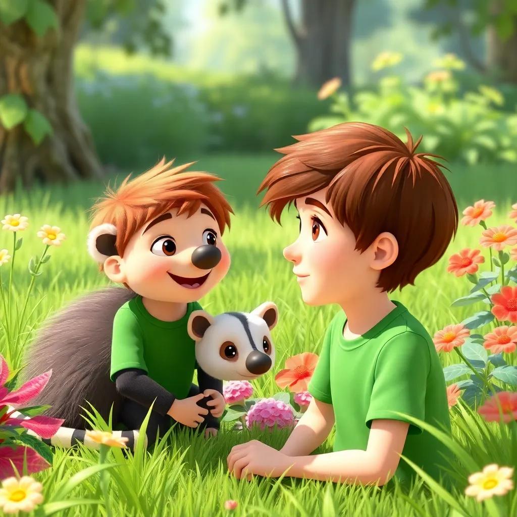 Finn, with short brown hair, wearing a green shirt, talking to Ollie the opossum in a friendly manner, surrounded by a grassy area and colorful plants, cheerful setting, bright colors, inviting, high quality