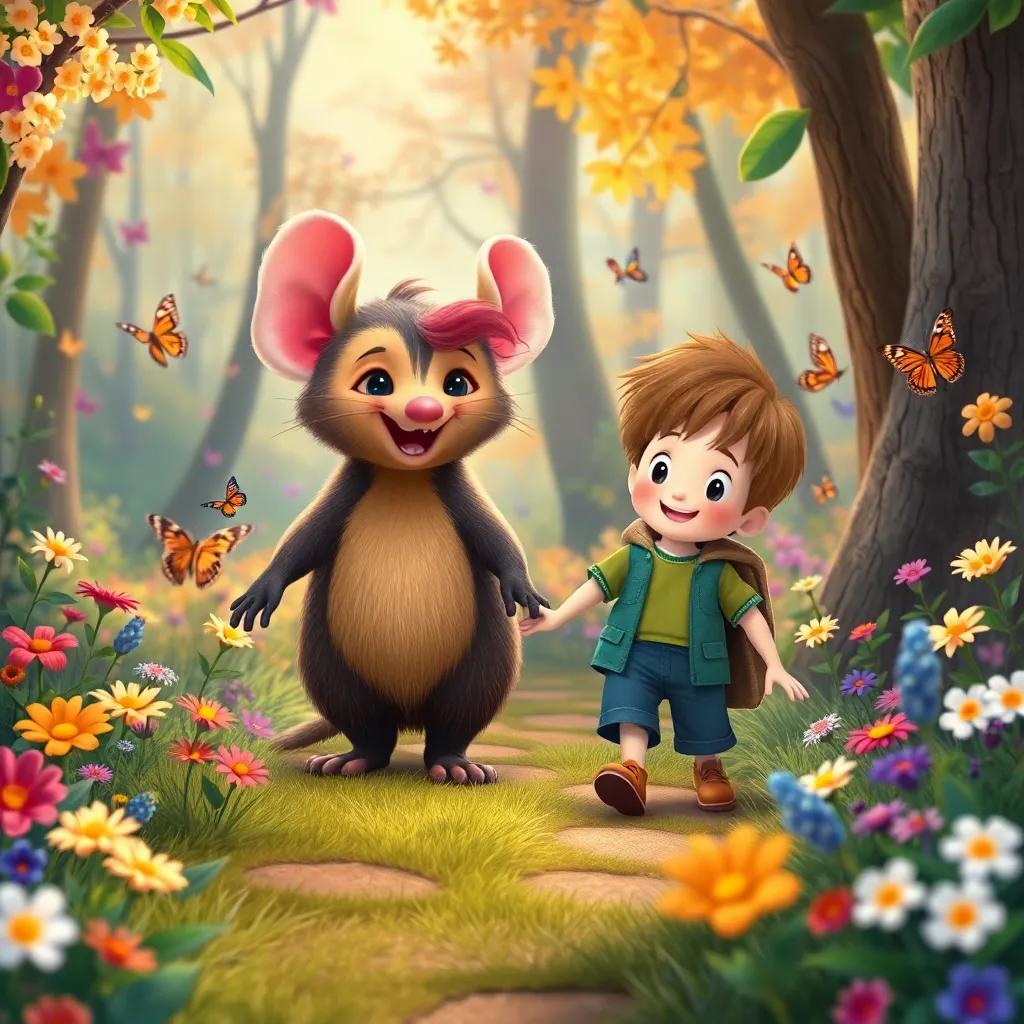 Ollie the opossum, encouraging Finn to join an adventure, as they walk together in a colorful forest filled with butterflies and blooming flowers, joyful atmosphere, vibrant colors, child-friendly, high quality