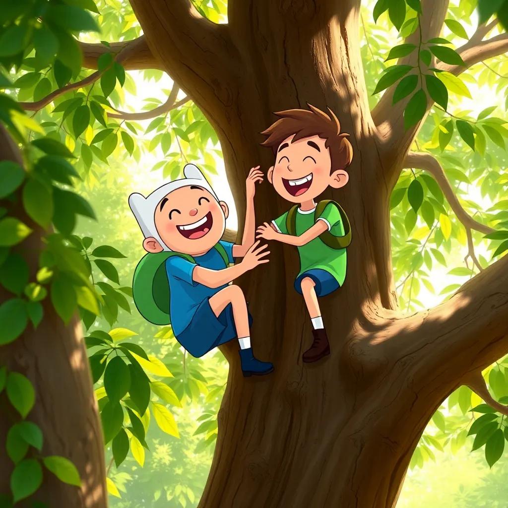 Finn and Ollie climbing a tree together, Finn smiling with excitement while Ollie encourages him, with greenery and sunlight streaming through the leaves, adventure theme, lively colors, child-friendly, high quality