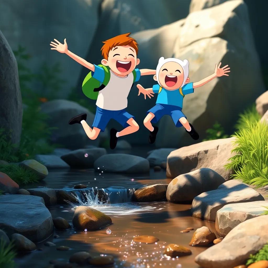 Finn and Ollie jumping over a small stream, both laughing and having fun, with sparkling water and colorful rocks around them, engaging scene, cheerful colors, high quality