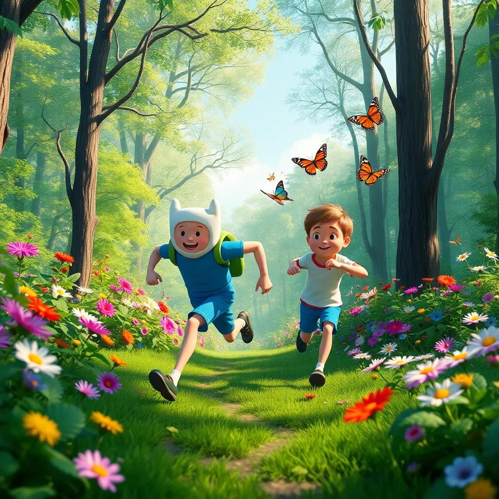 A beautiful view of the woods with Finn and Ollie running together, colorful flowers blooming, butterflies fluttering around them, cultivating a sense of adventure, magical atmosphere, bright colors, high quality