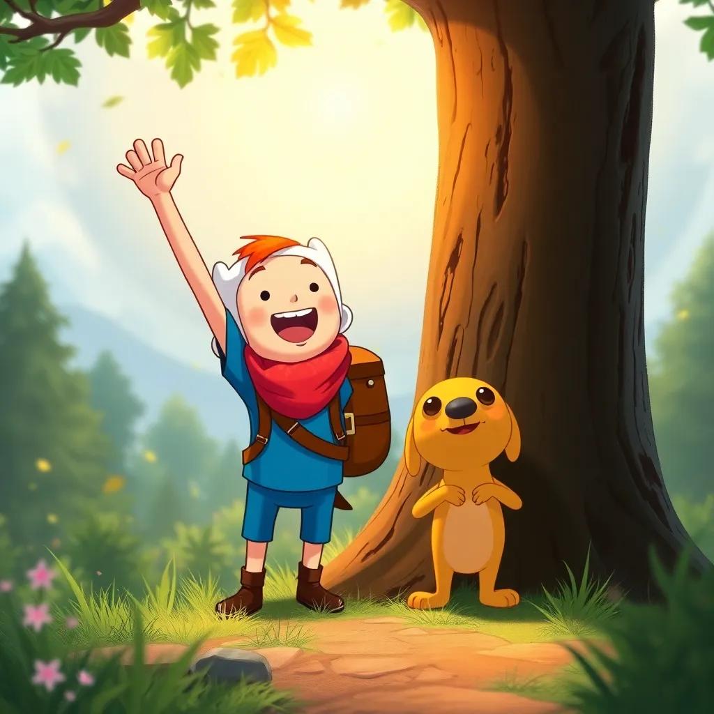 Finn, happily exploring with Ollie by his side, filled with courage and confidence, as they share an uplifting moment near a tree, surrounded by nature, heartwarming scene, rich colors, high quality