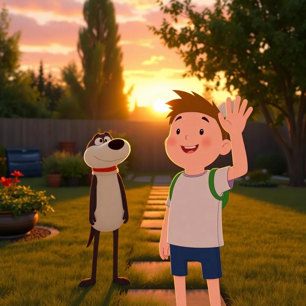 Finn waving goodbye to Ollie, feeling proud of himself, with a smile on his face, in a serene backyard setting at sunset, warm light, soothing colors, high quality