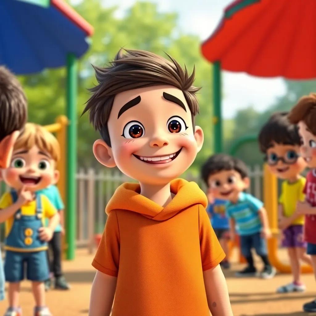 Finn with a big smile, confidently meeting new friends in the playground, inspired by Ollie’s lesson about embracing differences, playful and vibrant setting, lively colors, uplifting scene, high quality