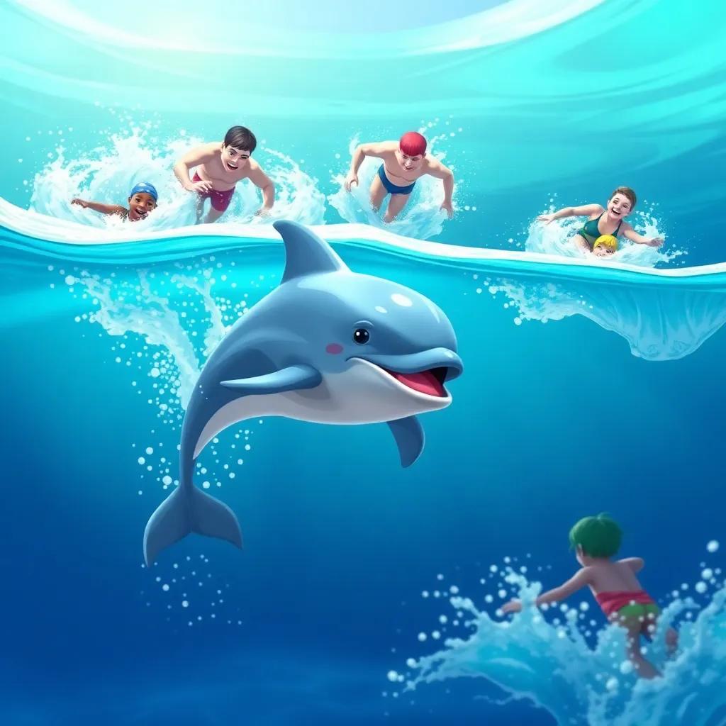 Finn, the dolphin, swimming quickly towards a group of swimmers caught in a strong current, displaying determination and courage to help them, illustration, action-packed, bright colors, underwater view, child-friendly