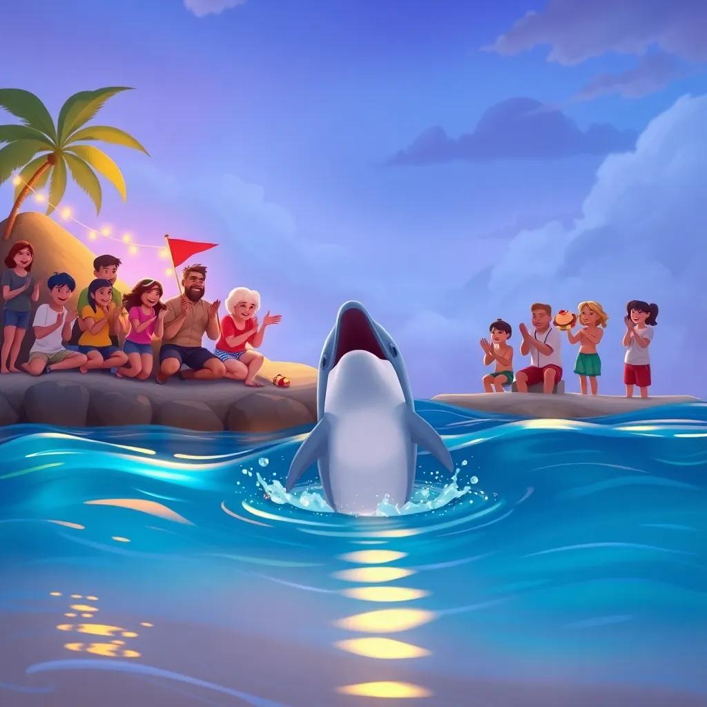 People on the island cheering and clapping for Finn, the dolphin, as he swims back to shore after rescuing the swimmers, showcasing admiration and joy, illustration, festive scene, warm colors, heartwarming atmosphere
