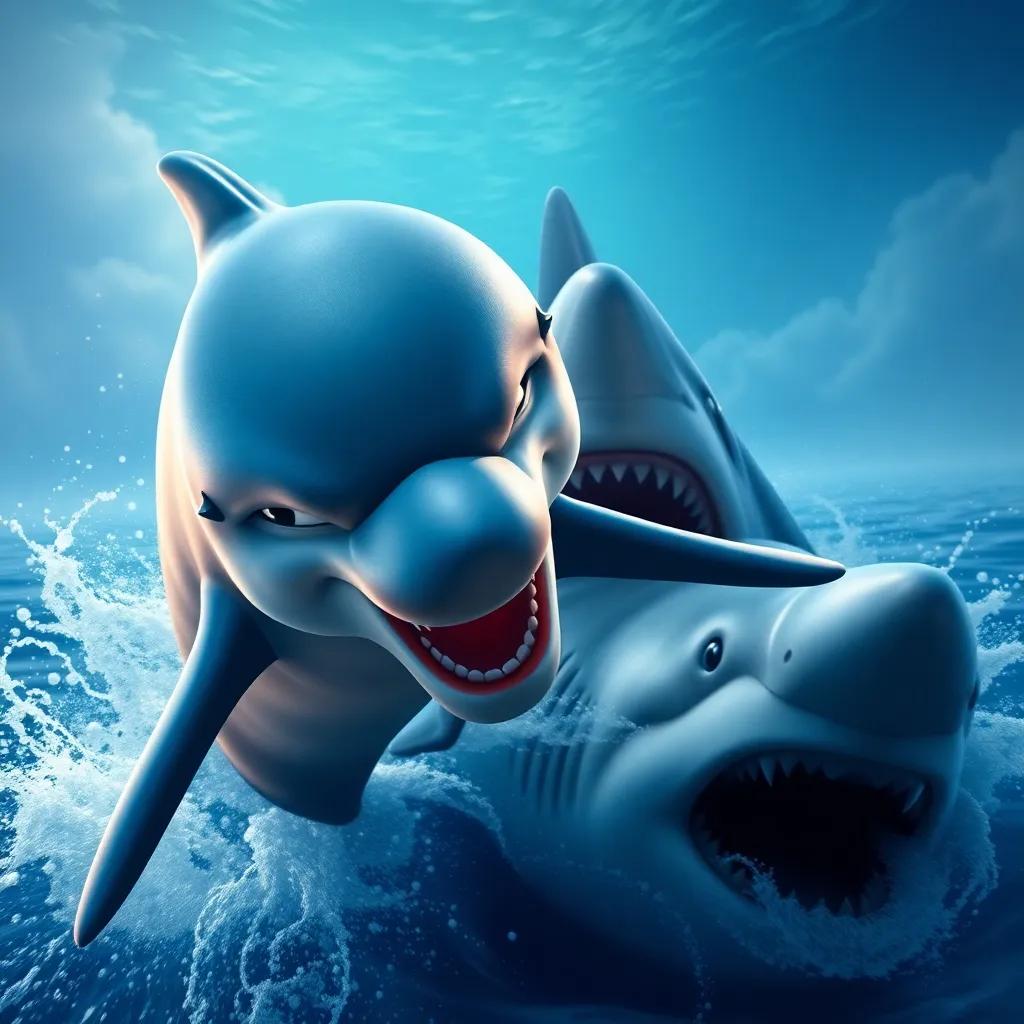 Finn, the dolphin facing a shark with a brave expression, showing intelligence and agility, while protecting the swimmers behind him, action-packed digital art, dramatic colors, exciting perspective, high-quality