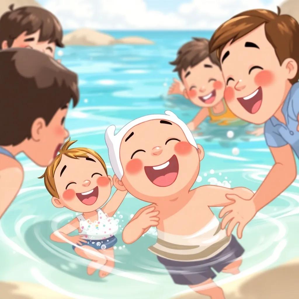 Children excitedly learning to swim with Finn at the beach school, laughing and splashing in the water, filled with joy and adventure, illustration, cheerful, colorful, child-friendly