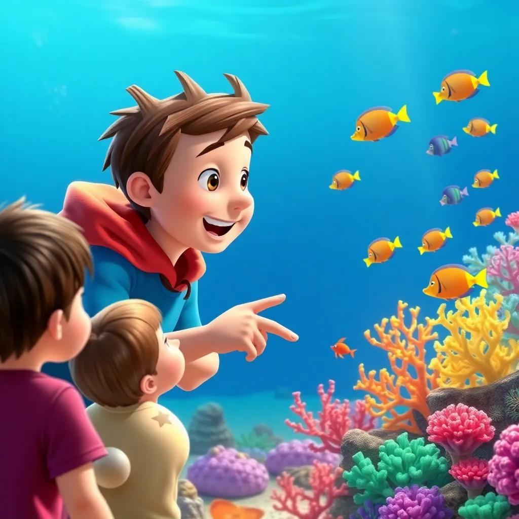 Finn teaching children about marine life, pointing at colorful fish and coral while the kids listen eagerly, in a sea setting, digital art, bright and educational, inviting atmosphere, high-quality
