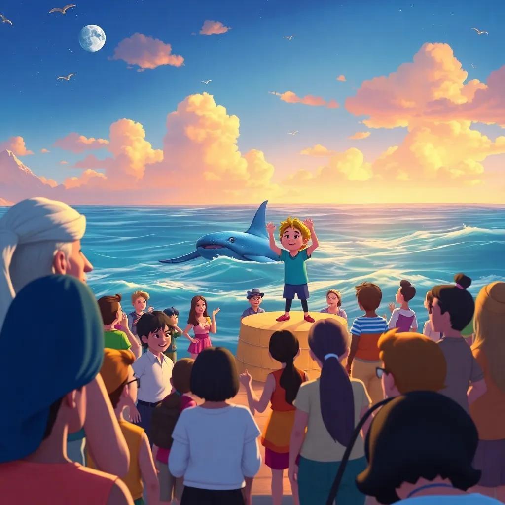 People from distant lands gathering to watch Finn perform tricks and share lessons about ocean conservation, showcasing awe and appreciation, illustration, vibrant colors, joyful gathering, child-friendly