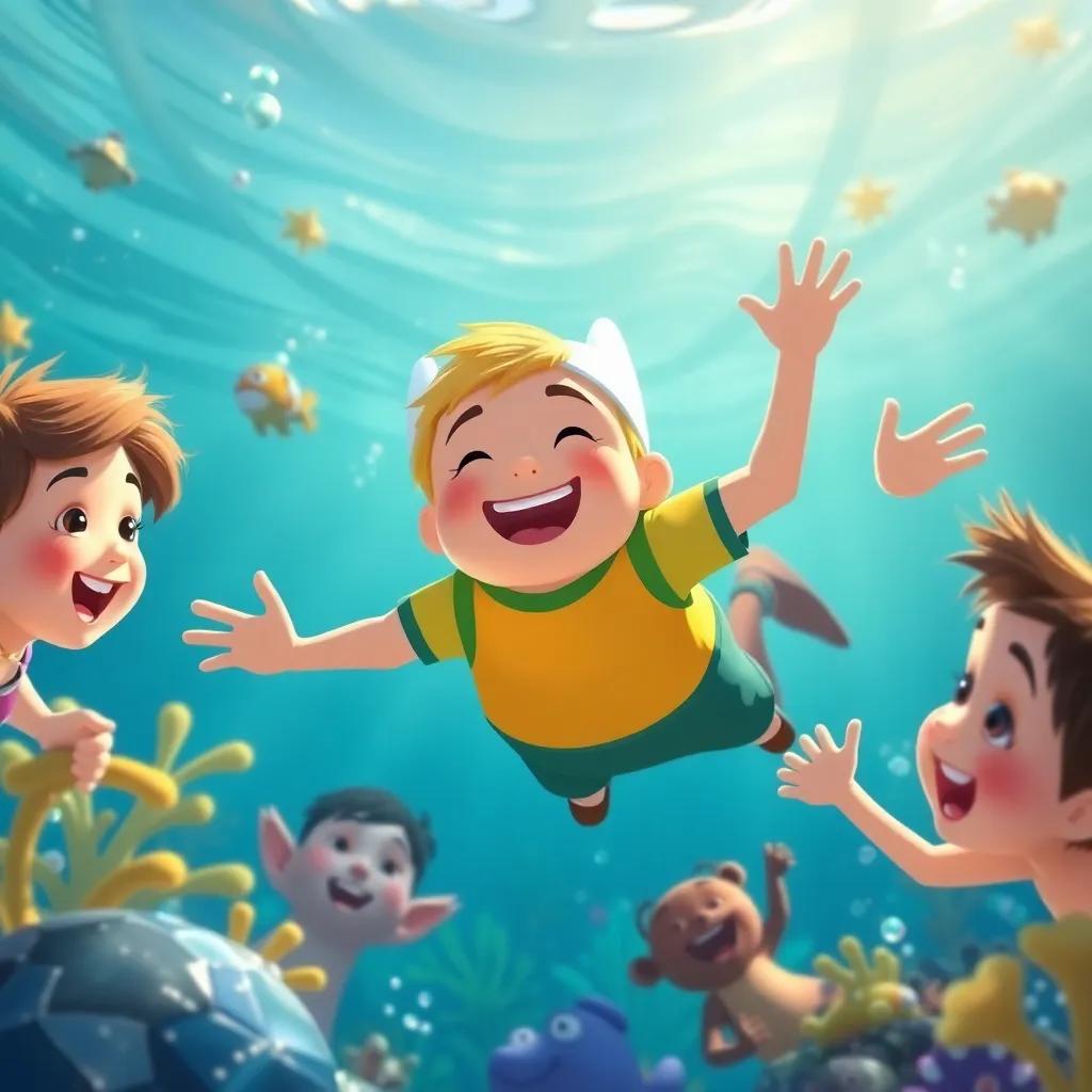 Finn happily swimming with the children, surrounding them with laughter as they explore the marvels of the ocean, digital art, playful, bright colors, uplifting scene, high-quality