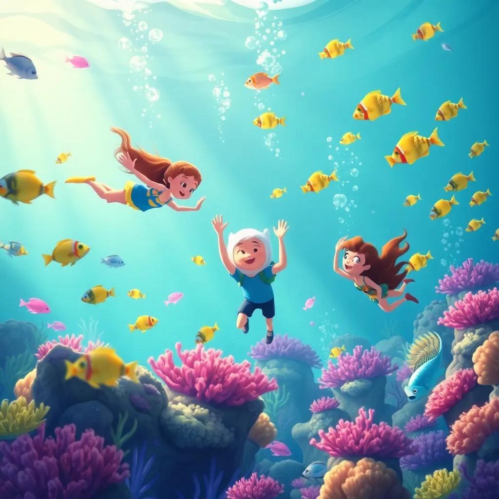Finn and the children diving underwater, discovering a beautiful coral reef filled with colorful fish, embracing the underwater magic with wonder, illustration, magical colors, enchanting atmosphere, child-friendly