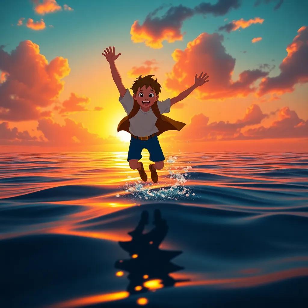 Finn leaping out of the water under a stunning sunset, symbolizing his adventurous spirit and the beauty of the ocean, digital art, warm colors, inspiring imagery, high-quality