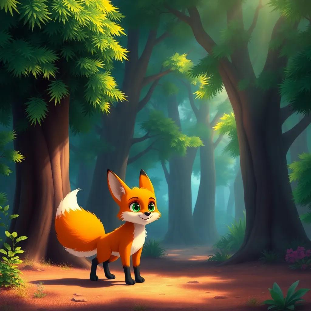 A magical forest with thick green trees, a curious little fox named Finn with bright orange fur, a bushy tail with a white tip, and sparkling green eyes, vibrant colors, warm light, inviting atmosphere, enchanting and whimsical, digital painting, high quality
