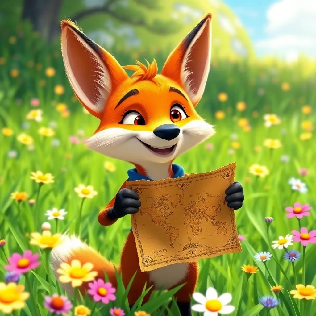 A sunny morning in a green meadow, Finn the clever fox holding an old treasure map, excitement on his face, bright flowers around, digital art, cheerful atmosphere, colorful, high quality