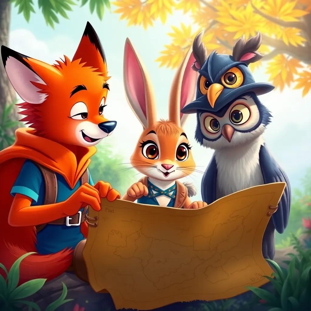 Finn the fox, Bella the brave rabbit, and Leo the wise owl looking at the treasure map, with vivid colors of nature, excitement in their eyes, illustration, adventure-themed, child-friendly