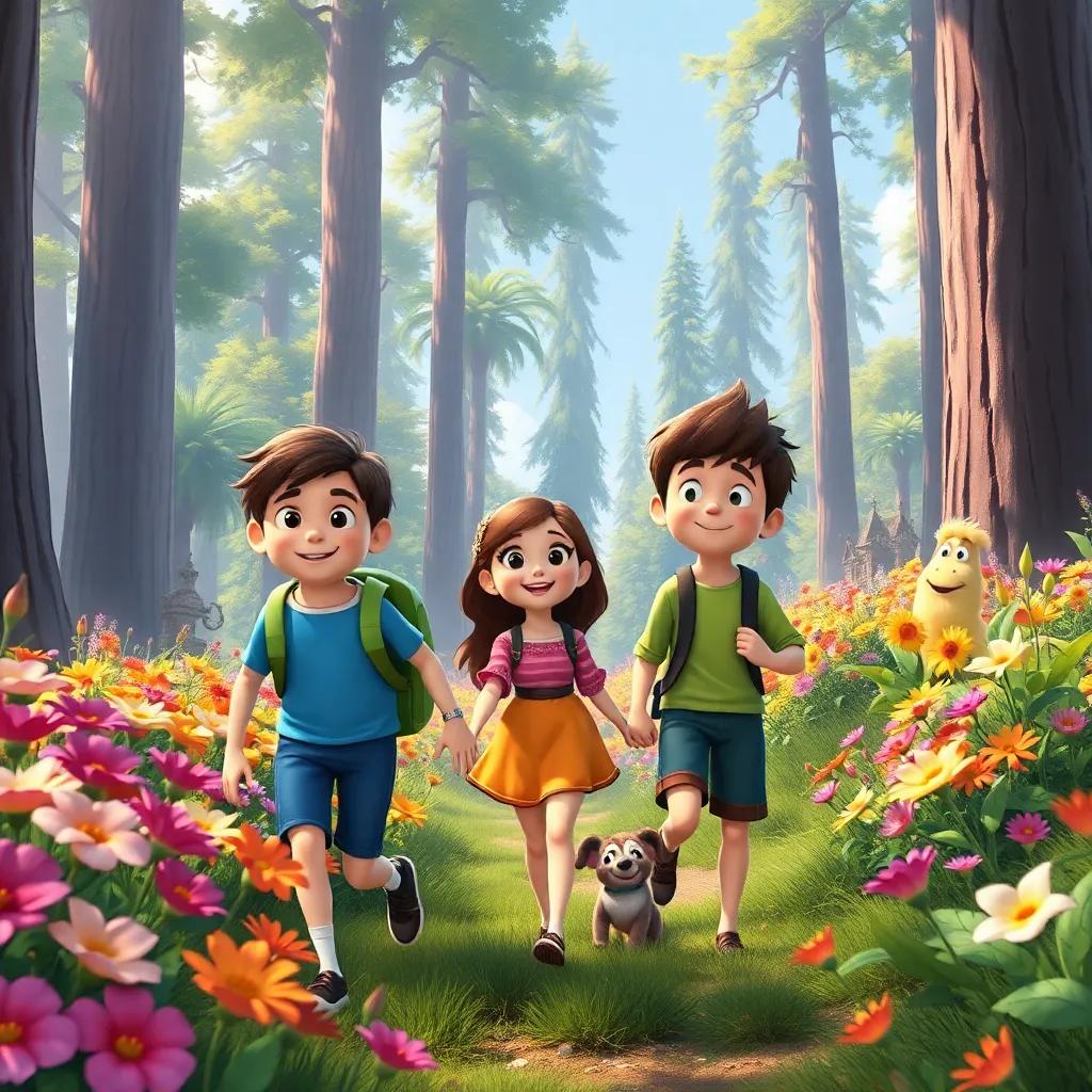 Finn, Bella and Leo walking through the vibrant flowers and tall trees, showing expressions of joy, a sense of adventure, detailed digital painting, lush colors, warm and inviting feel