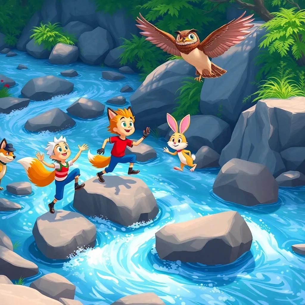 A rushing river with Finn the fox, Bella the rabbit hopping on rocks, and Leo the owl guiding from above, teamwork in action, digital illustration, vibrant, high energy