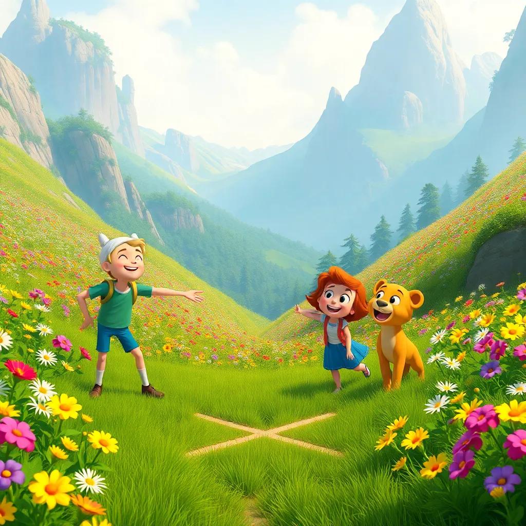 The lush valley filled with colorful flowers, Finn pointing towards the X on the ground, Bella and Leo looking excited, vibrant scenery, cheerful, high quality
