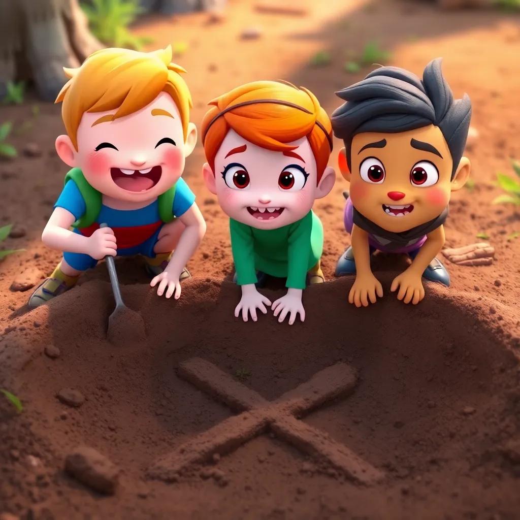 Finn, Bella and Leo digging in the earth, the X marked in the dirt, expressions of determination and excitement, digital art, vibrant colors, bright and whimsical