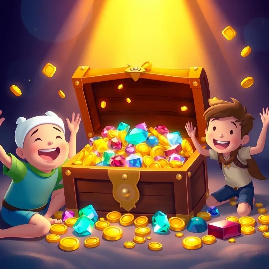 The treasure chest filled with jewels and golden coins surrounded by Finn, Bella, and Leo celebrating, joy on their faces, warm light, colorful, heartwarming imagery