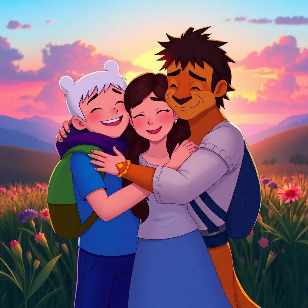 Finn, Bella, and Leo hugging, surrounded by nature, expressing their joy of teamwork and friendship, beautiful sunset in the background, heartfelt, digital art, brilliant colors