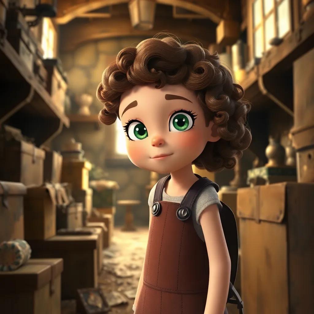 Fiona, a clever girl with curly brown hair and sparkling green eyes, exploring her grandfather's dusty attic filled with boxes and old treasures, digital art, warm light, inviting atmosphere, children's adventure, high quality