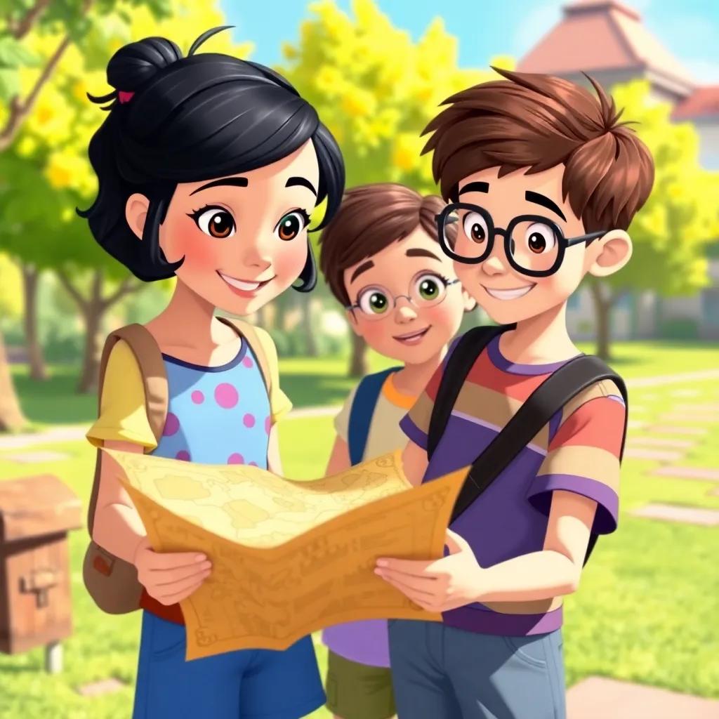 Fiona with her best friends Mia, a brave girl with short black hair and bright clothes, and Leo, a smart boy with glasses, looking at a mysterious map in a sunny park, illustration, cheerful colors, exciting adventure, high quality