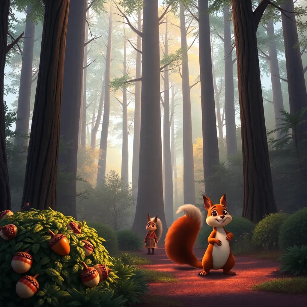 A tall forest with tall trees and chirping birds, Fiona and her friends walking towards the Whispering Woods, a friendly squirrel with shiny acorns by a bush, colorful, bright light, enchanting atmosphere, high quality