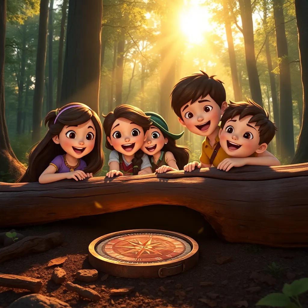 Fiona, Mia, and Leo excitedly discovering a rusty old compass under a log in the Whispering Woods with golden sunlight streaming through the trees, adventure theme, delightful colors, high quality
