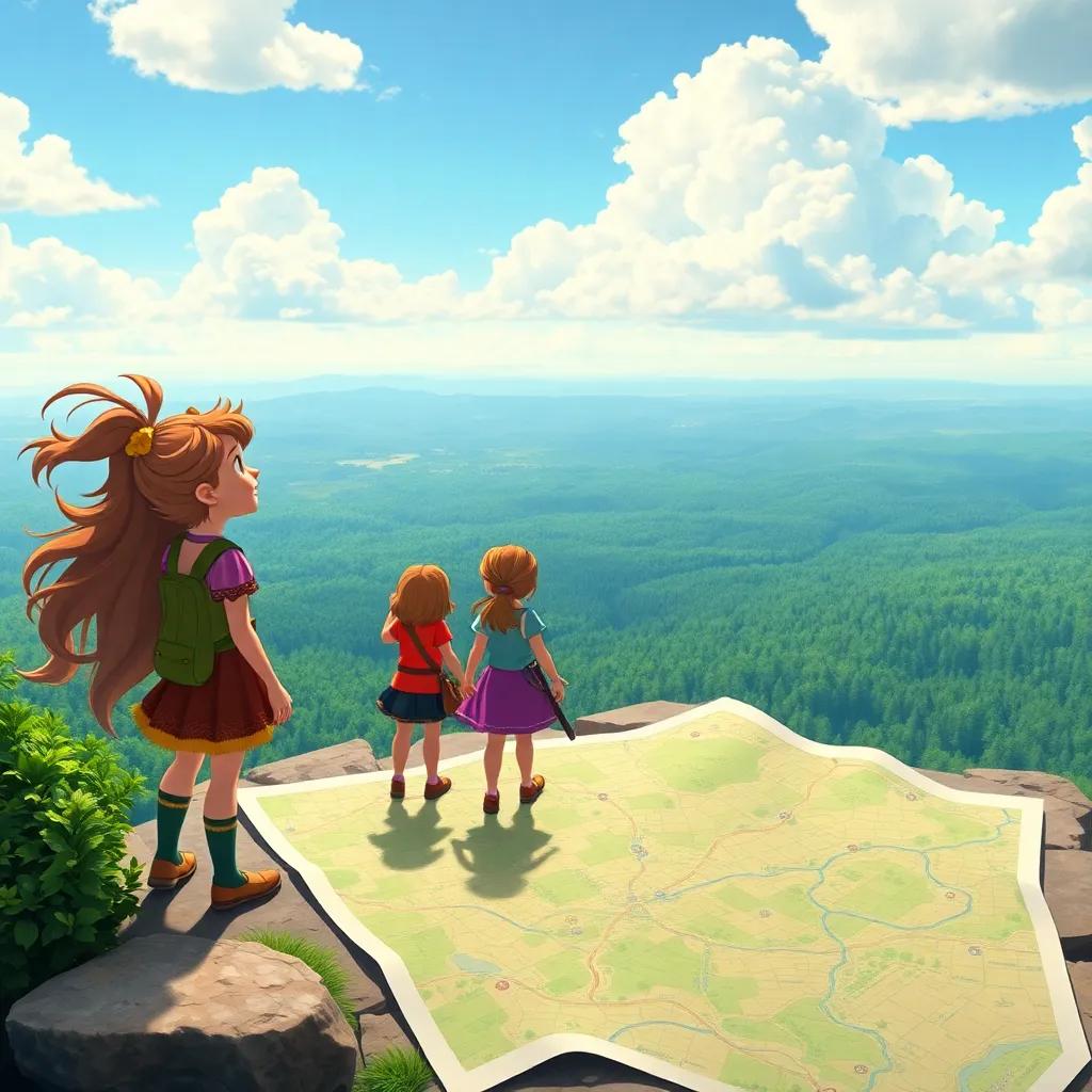 Fiona and her friends reaching the top of High Hill, looking at the vast forest below with wind blowing through their hair, map spread out beside them, stunning view, vibrant colors, joyous moments, high quality