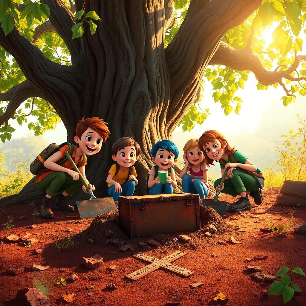 The friends digging around an old oak tree with an 'X' marked on the ground, excitement on their faces as they uncover a rusty box, warm sunlight filtering through leaves, colorful, adventure-filled, high quality
