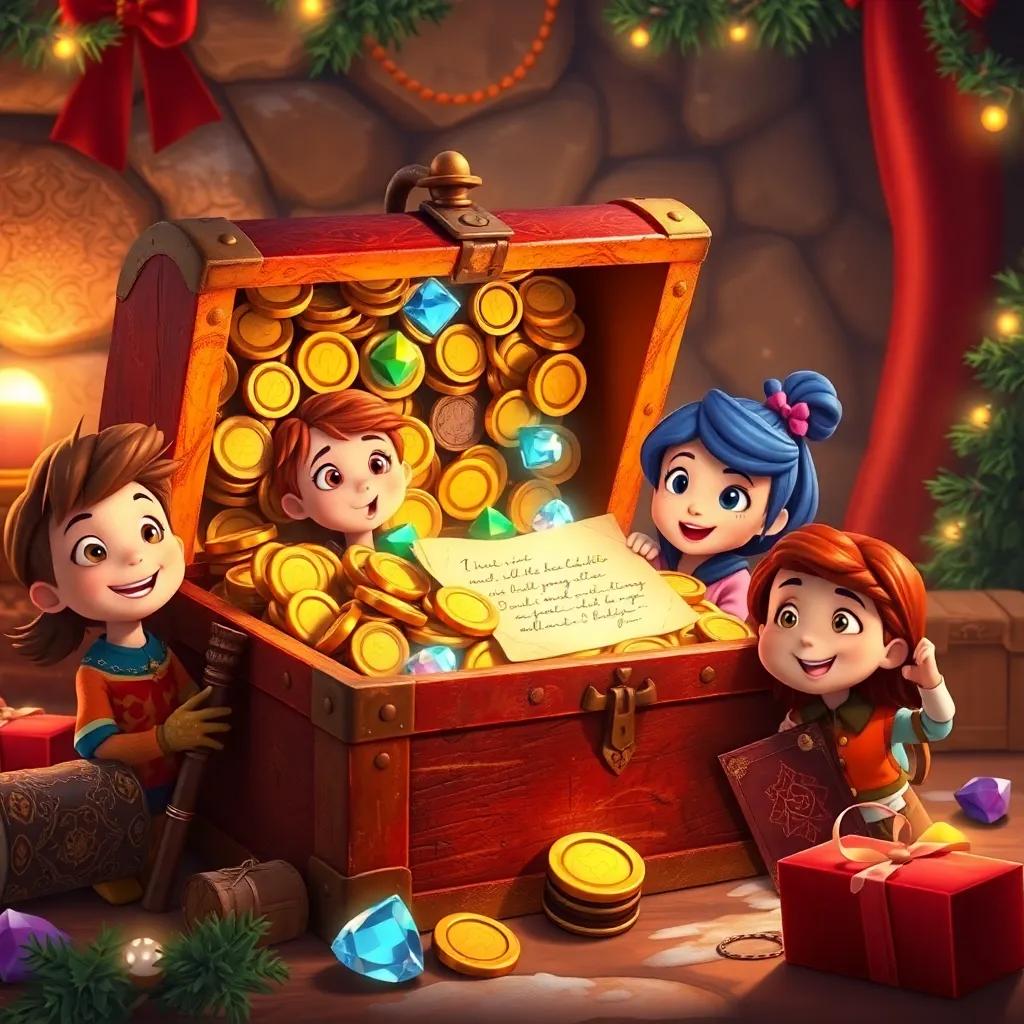 The rusty old box overflowing with ancient coins, sparkling gems, and a letter from an explorer, Fiona and her friends' astonished faces, holiday colors, lively atmosphere, high quality