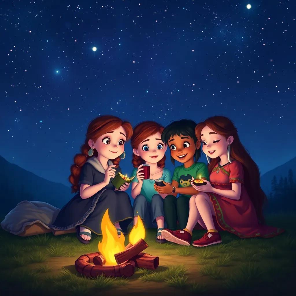 Fiona and her friends, sitting under the stars at night, sharing their treasures, with a small campfire beside them, magical nighttime colors, cozy atmosphere, high quality