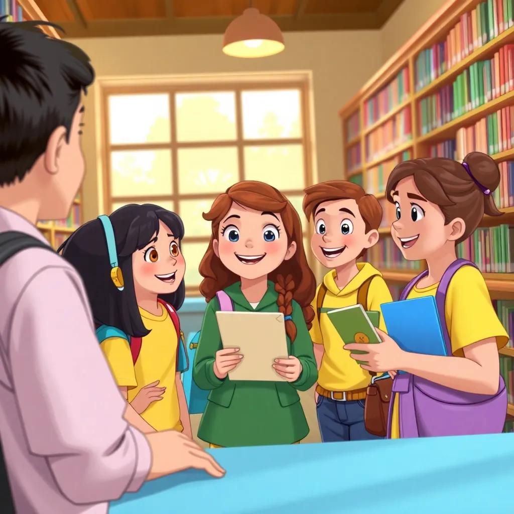 Fiona with her friends in their school library, donating coins and talking to other students, smiles all around while holding the letter from the explorer, community spirit, bright and cheerful, high quality