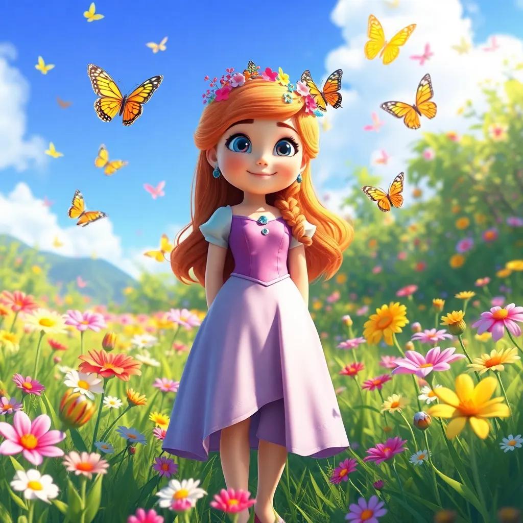 Fiona, now standing in a beautiful meadow filled with dancing flowers and colorful butterflies, in a bright and magical world, clear blue sky and vibrant colors, digital painting, joyful atmosphere, enchanting scene