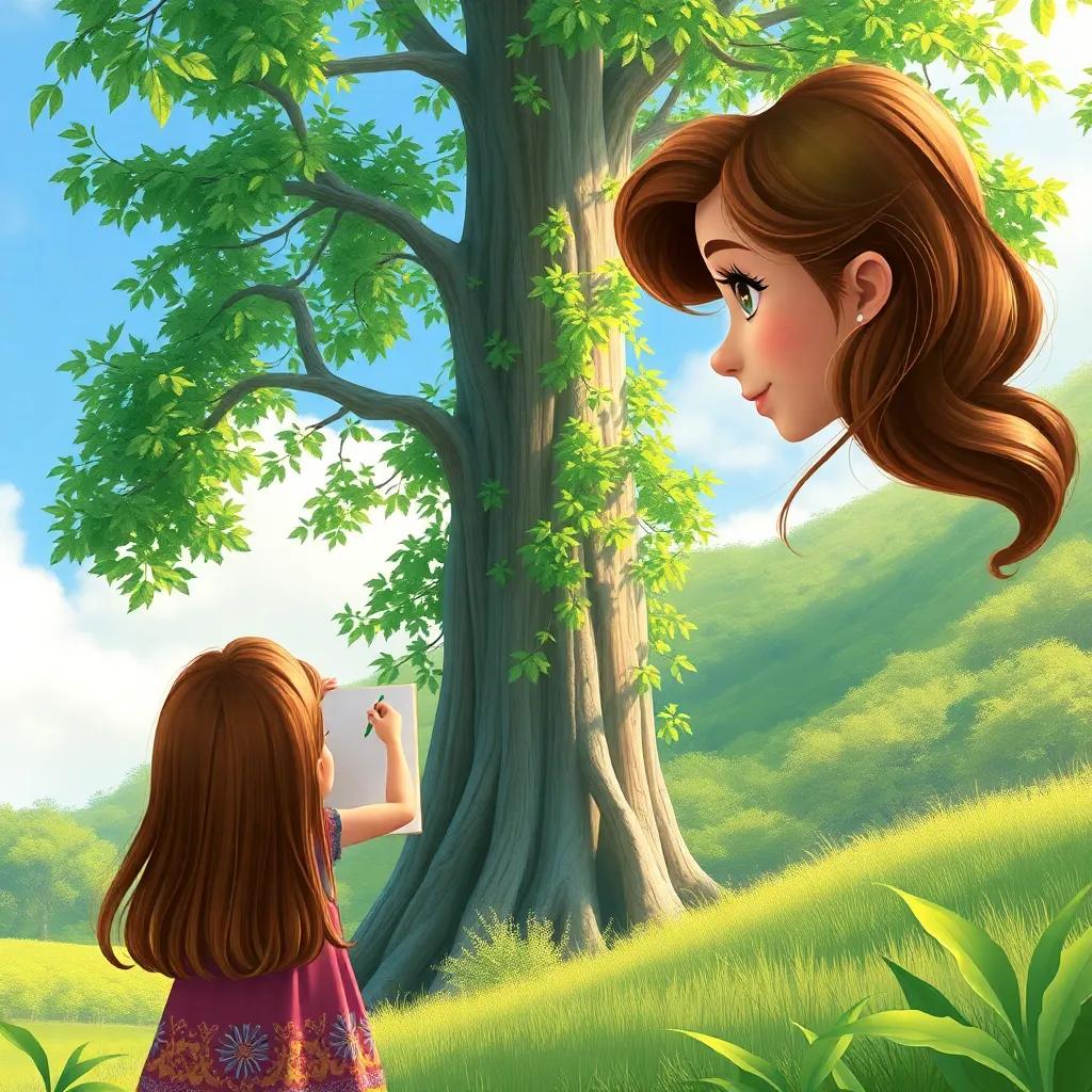 Fiona, a girl with brown hair and a colorful dress, drawing a tall green tree that is growing in front of her, lush leaves whispering in the wind, detailed digital art, bright colors, green landscape