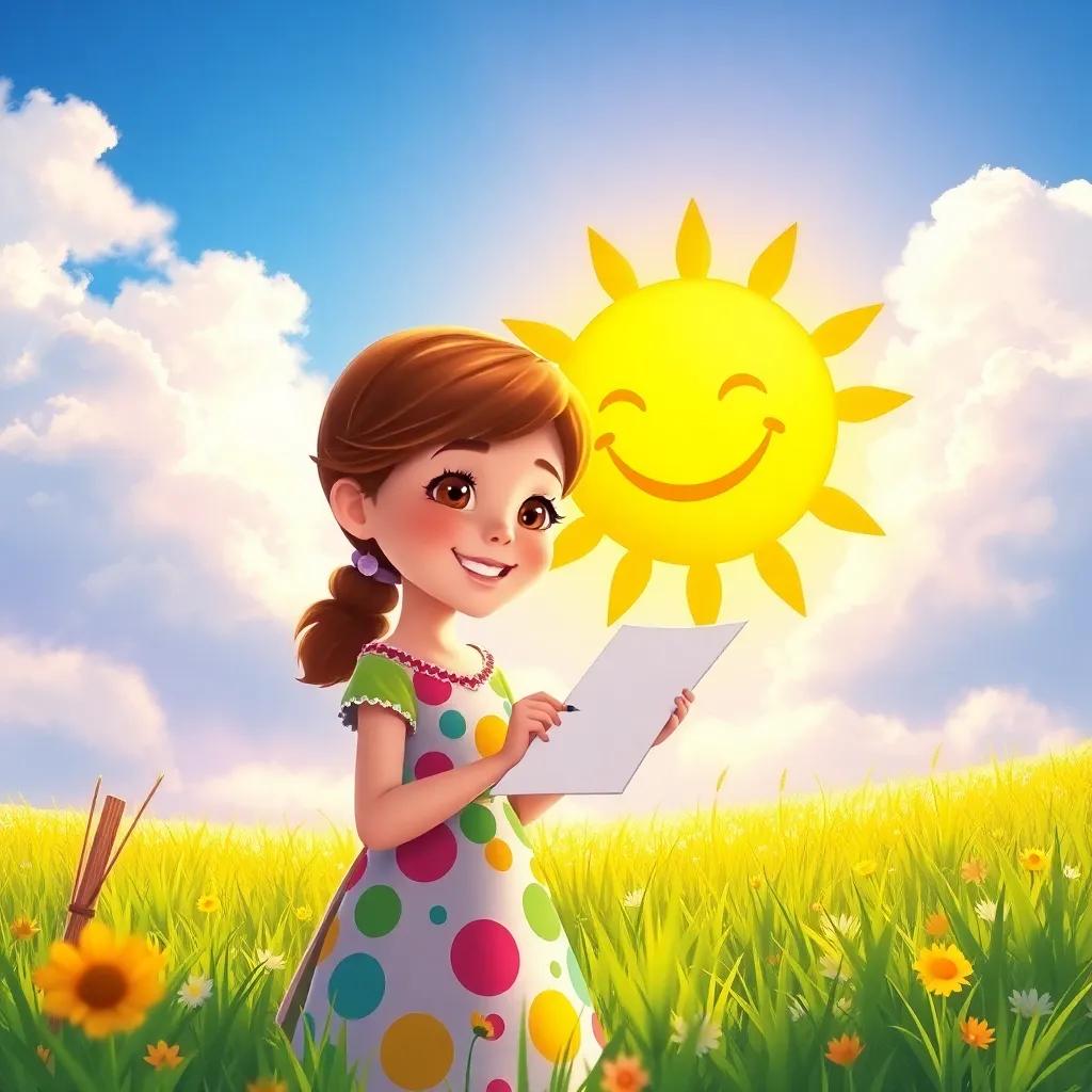 Fiona, a girl with brown hair and a colorful dress, sketching a big smiling sun in the sky above a meadow, warm sunlight casting cheerful shadows, bright colors, enchanting atmosphere, illustration